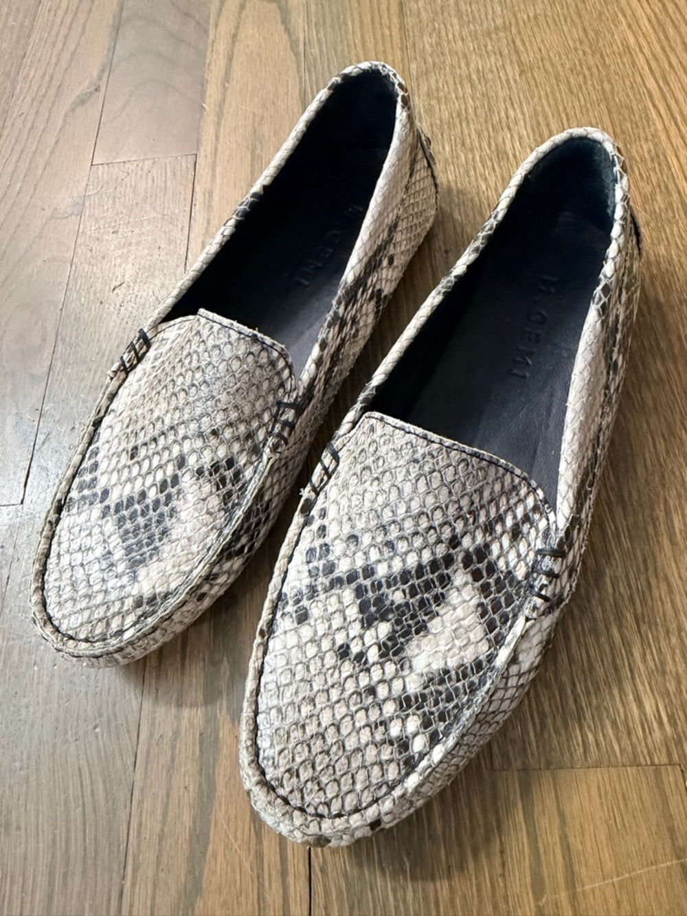 NWOB M. Gemi Taupe Snake-Print Leather Driving Loafers EU37